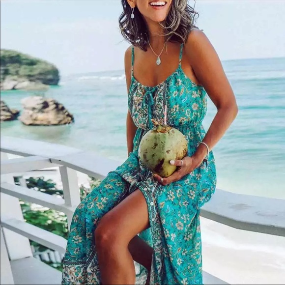 Dresses & Skirts - Gypsy Boho Floral Button Up Midi Dress Turquoise